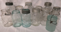 13 Vintage Mason Jars Clear & Blue - Ball, Atlas, Corona, The Gem +