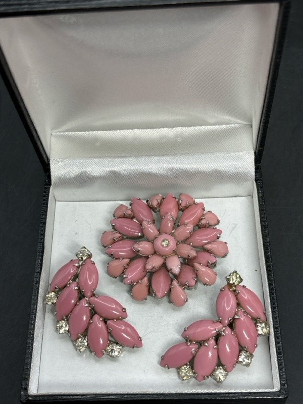 Pink Moon glow Milk glass Set Rhinestones Brooch Earrings