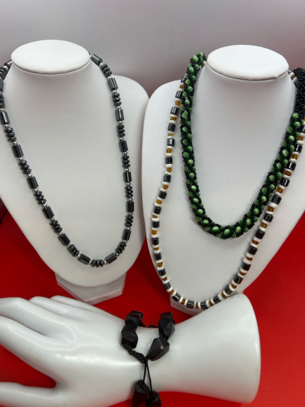 Hematite Necklaces Green Cats Eye Black Bead & Bracelet