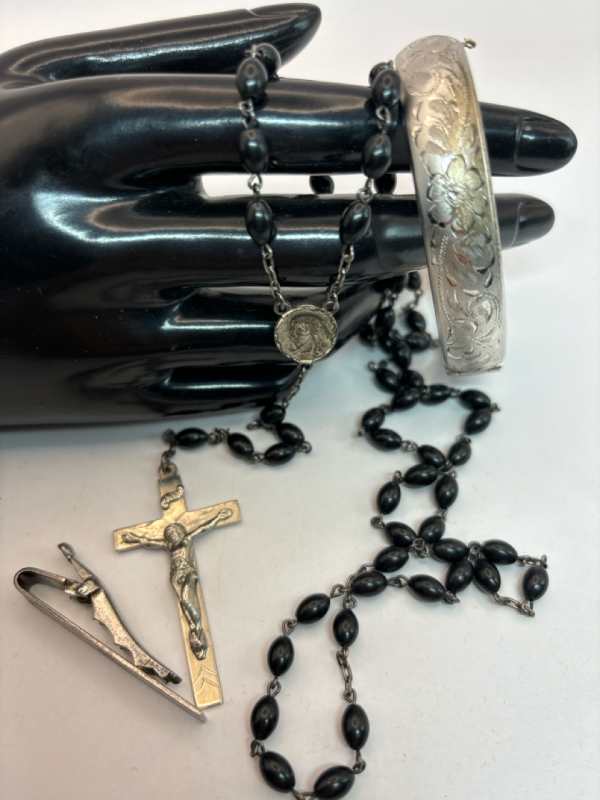 Sterling Black Bead Rosary Forstner Sterling Bracelet & Tie Clip
