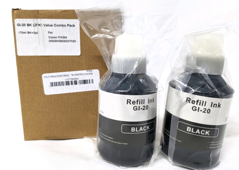 New 2-Pack Best Ink GI-20 BK Black Printer Ink for Canon PIXMA G5020 / G6020 / G7020 (170ml ea)