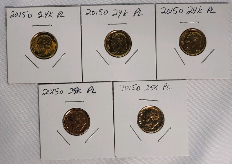 2015 D United States of America 24K Gold Plated Dimes , 5 Dimes