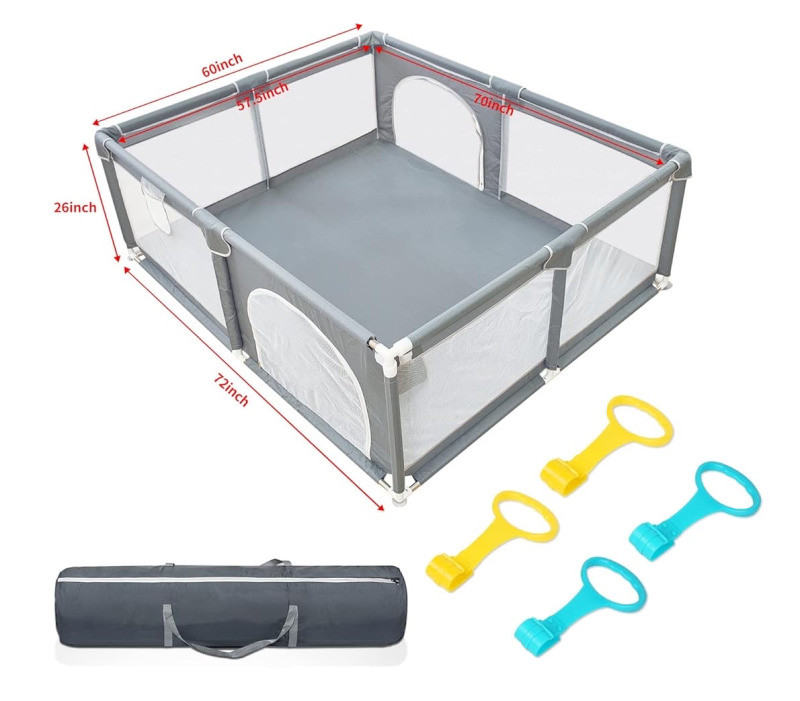 BNIB Dearlomum Baby Playpen,71x59 Extra Large Baby Playard, Playpen For Babies | With Gate, 0-6 To 12 Months Baby Activity Center, Sturdy Safety Playpen With Soft Mesh, Playpen For Toddlers (Gray)