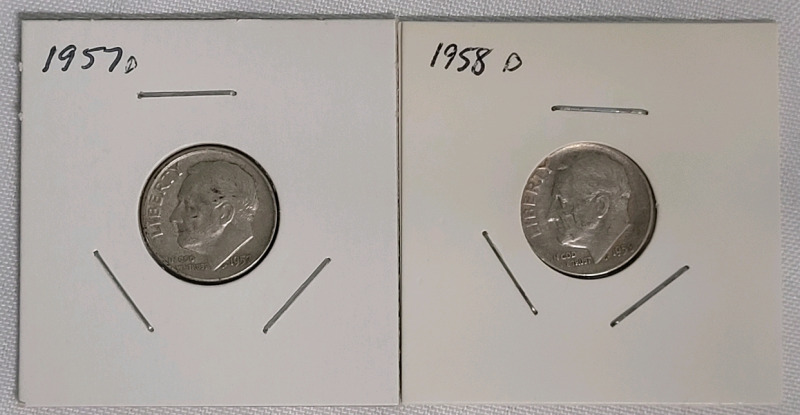 1957 D & 1958 D United States of America Silver Dimes