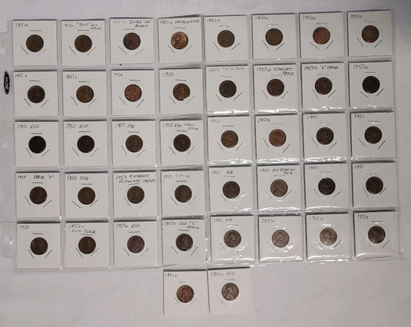 1950 & 1951 USA Lincoln Wheat Penny Lot . 42 Pennies in 2×2 Coin Holders