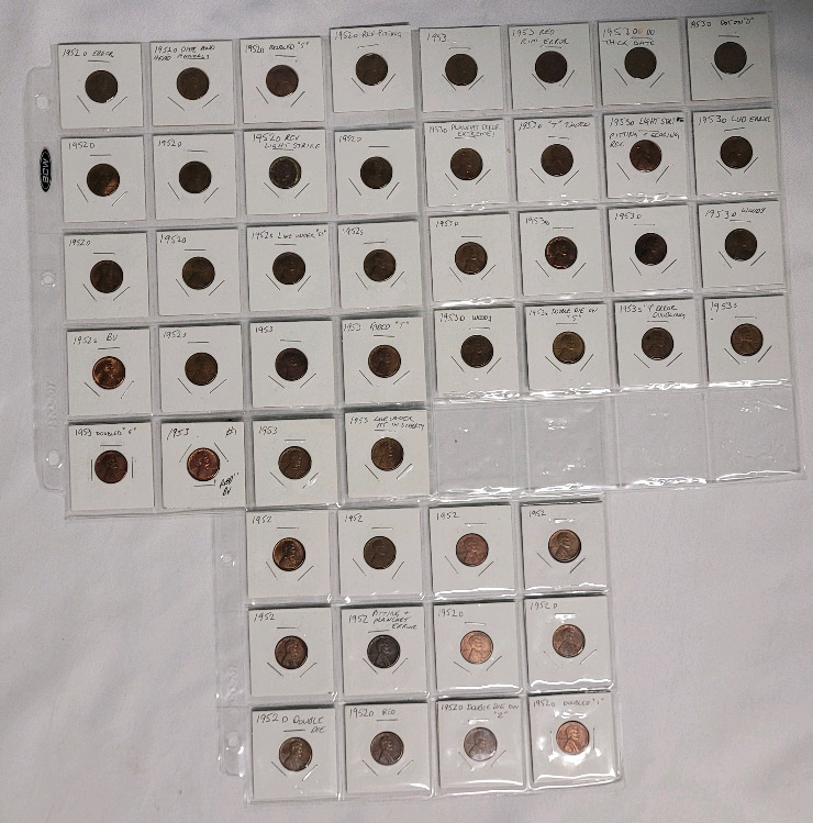 1952 & 1953 USA Lincoln Wheat Penny Lot . 48 Pennies in 2×2 Coin Holders