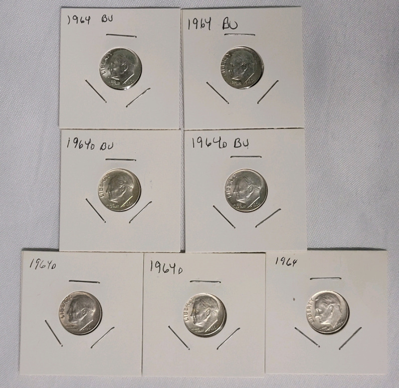 1964 & 1964 D United States of America Silver Dimes . BU Written on some 2×2