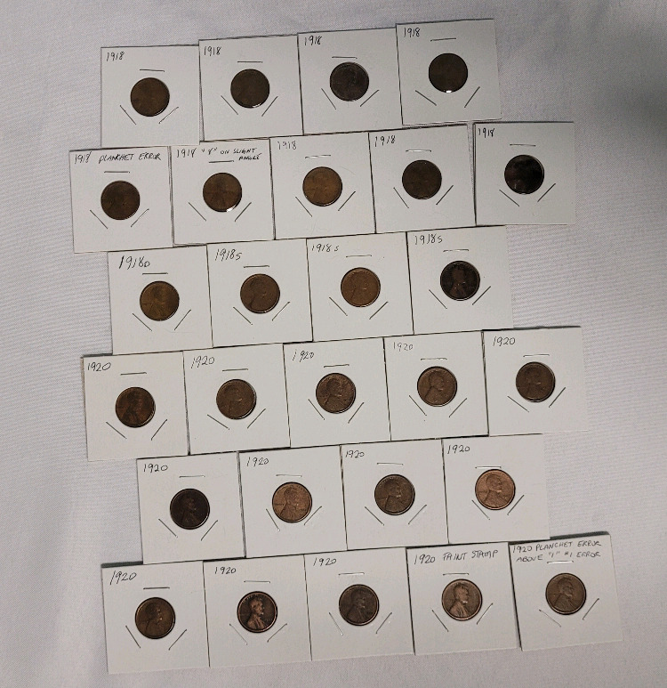 1918 & 1920 USA Lincoln Wheat Penny Lot . 27 Pennies in 2×2 Coin Holders