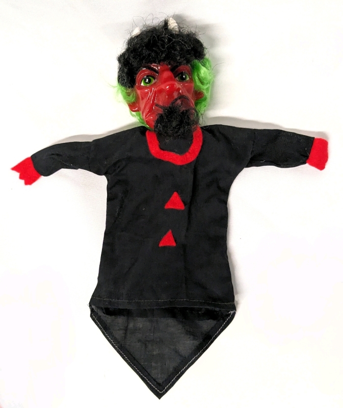 Kitschy Vintage Smiling Satan / Devil Hand Puppet with White Horns & Green / Black Hair