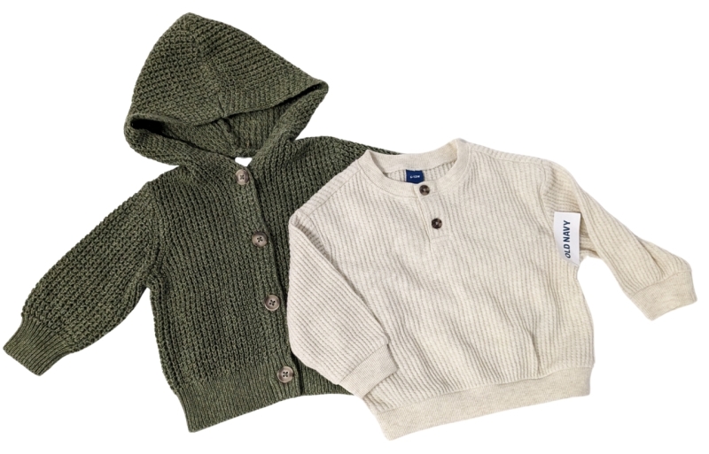 New OLD NAVY Baby Knit Hooded Sweater & Waffle Weave Long-Sleeved Top (Size 6-12 Months / 27-29" / 17-22lbs)