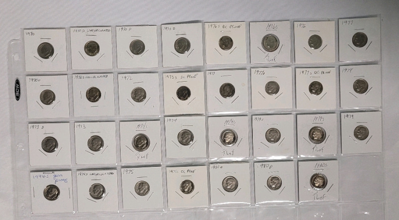 1970 - 1980 USA Dime Lot . 31 Dimes in 2×2 Coin Holders