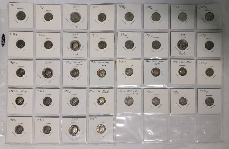 1981 - 1994 USA Dime Lot . 36 Dimes in 2×2 Coin Holders