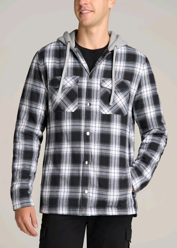NEW American Tall Hooded Flannel Shirt Jacket in Black and White Plaid Size L Tall Retail $117.00