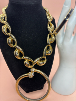 Chunky Gold tone Vintage Necklace Rhinestone Bypass Cuff Enamel Buckle Bracelet