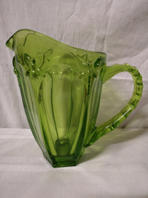 Vintage Green Glass Pitcher with Dragonflies - 8.25" Tall