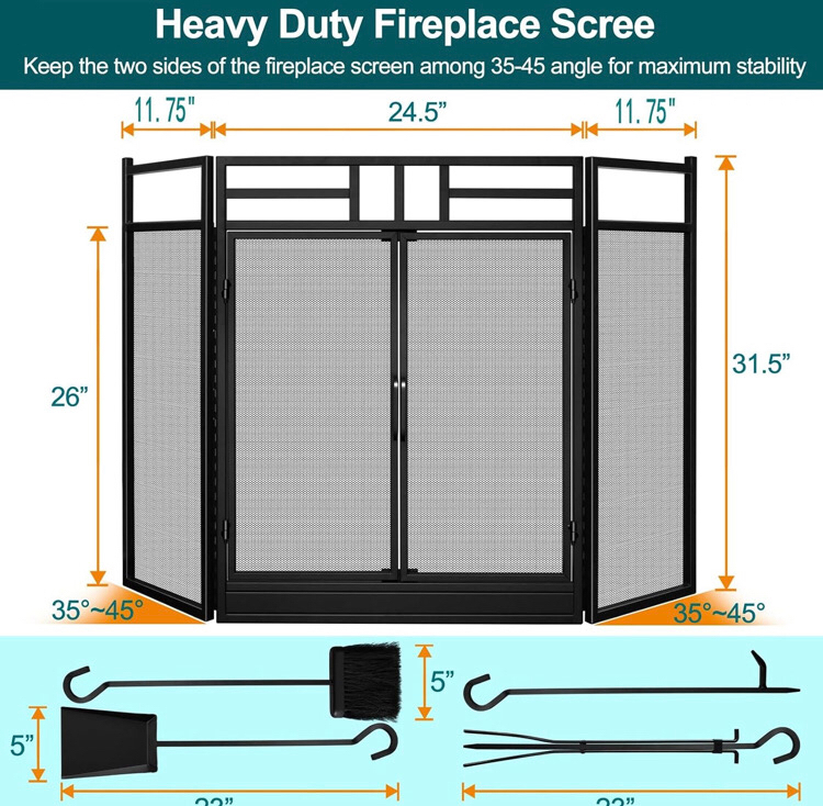 New Amagabeli Garden Home 3 Panel Folding Fireplace Screen with Doors Large Flat Guard Tools Outdoor Metal Decorative Mesh Solid Wrought Iron Fire Place Wood Burning Stove Accessories