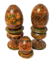 3 Vintage Heavily Decorated wooden Eggs on Pedestals