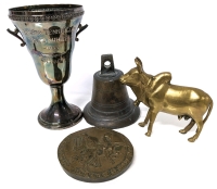 Vintage 1933 Tennis Trophy, Brass Ox Figure, Substantial Metal Bell & Replica Seal of Robert the Bruce