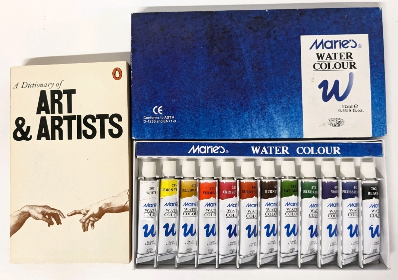 MARIE'S WATER COLOUR Paint Tubes (12 Tubes, 0.4oz* ea) & Paperback " A Dictionary of Art & Artists"