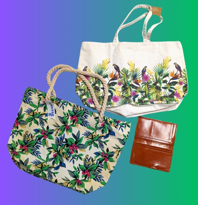 New Cruise Club Printed Rope Bag, Clarins Natural Fiber Bag & "Antique" Calf Pocket Day-Timer Made in Canada