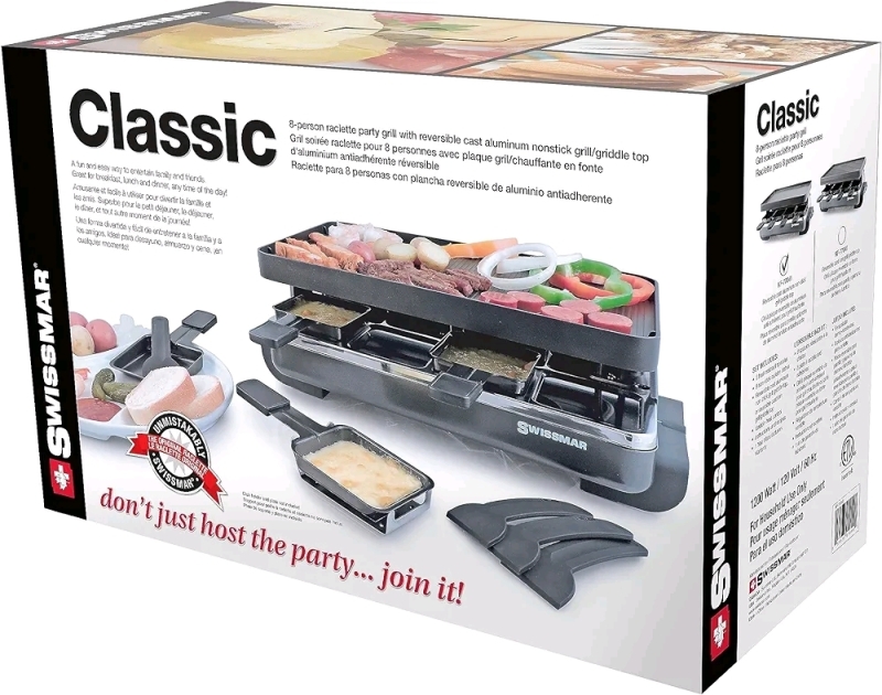 New - Swissmar 8-Person Classic Raclette Party Grill with Aluminum Non-Stick Grill Plate