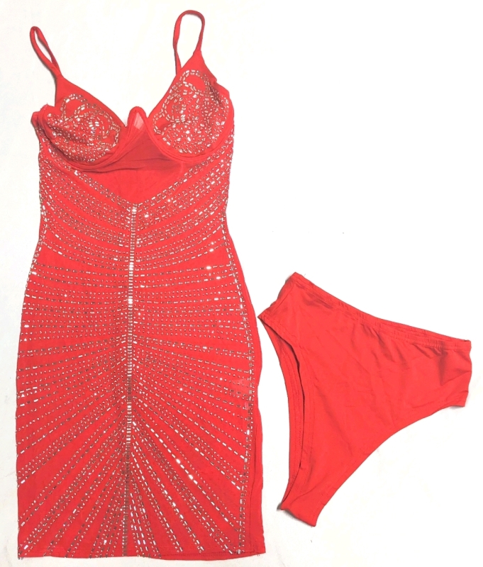 New Sparkling Red Mini Dress with Matching Undergarment (Size Small)