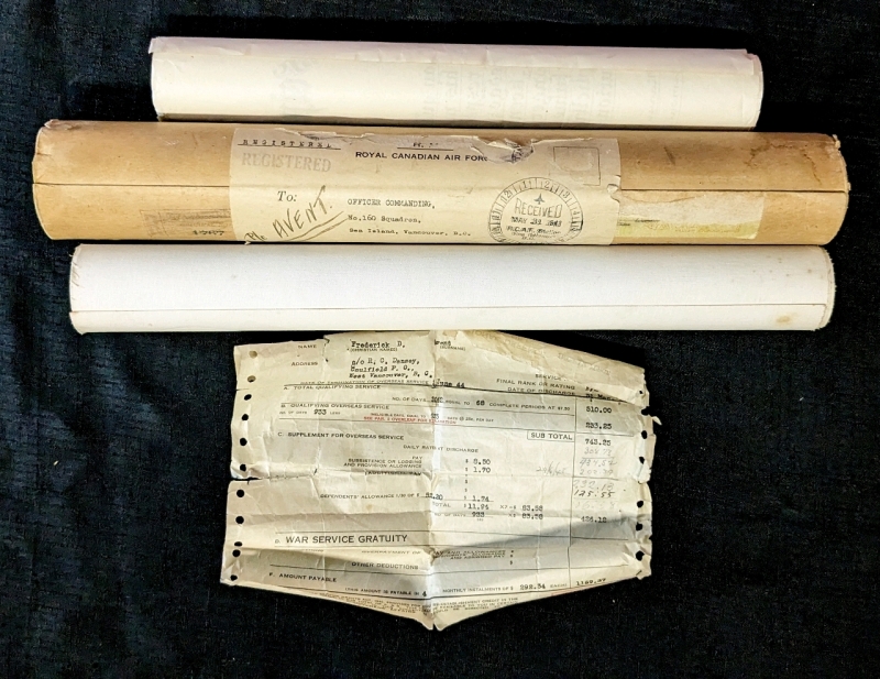 1943 Royal Canadian Air Force Discharge Certificate & Statement of War Service Gratuity for Frederick D. Avent + The Object of Disciplinary Training Extract with Original Mailing Tube