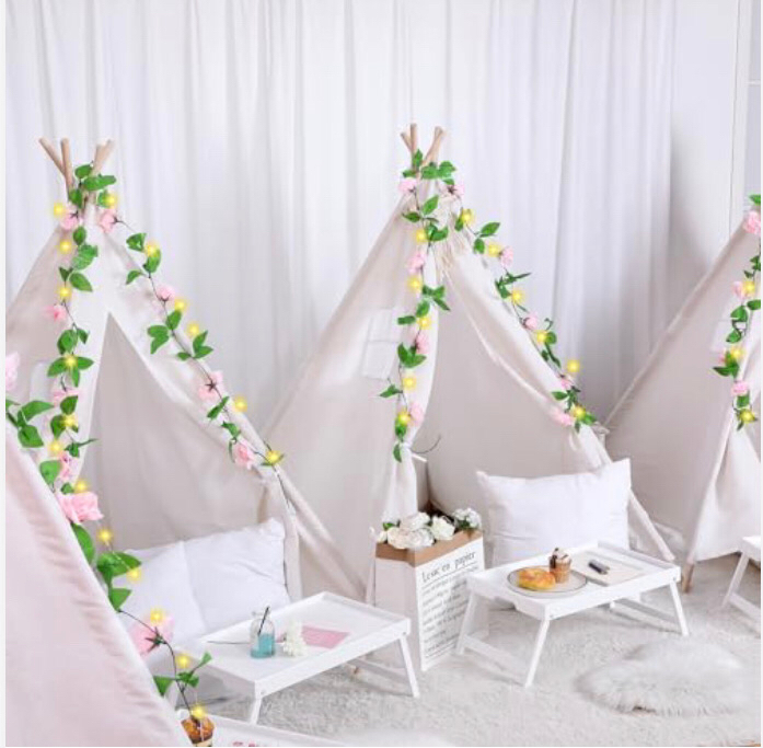Wesnoy 4 Pcs Teepee Tent for Kids with Lights and Rose Vine, 62.99 Inches Sleepover Tents
