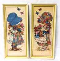 2 Vintage Framed Turner Design PATCHWORK GIRLS Prints 7.25" x 16.5"