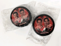 2 Vintage McDonald's Salt Lake 2002 Hockey Pucks : Mario Lemieux / Scott Niedermayer & Paul Kariya / Joe Sakic (Both Sealed)