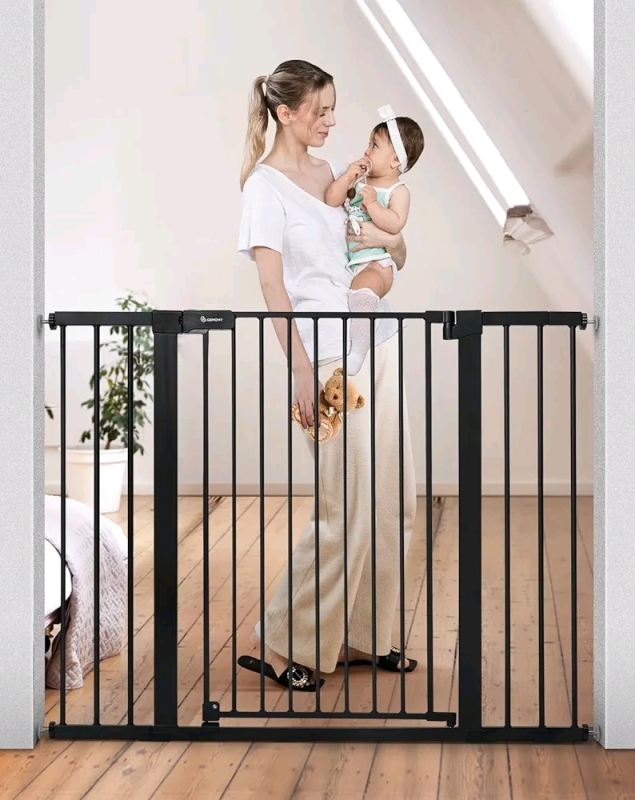 Like New COMOMY 48.8" W x 36" H Safety Gate - Durable Walk Thru for Stairs Doorways Pressure Mounted, Fits Openings 29.5" to 48.8", Black