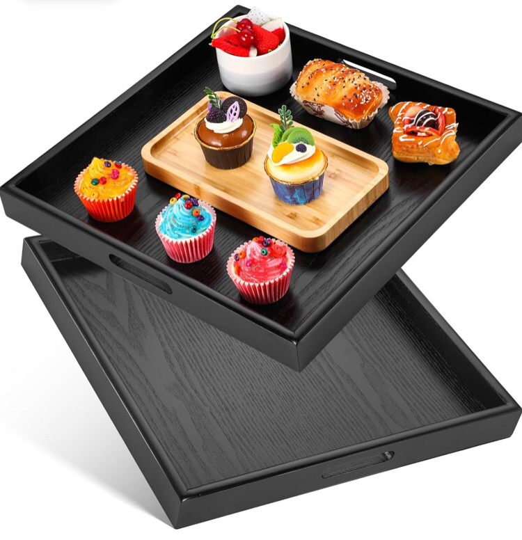 Mumufy 2 Pcs Square Wood Serving Tray with Handle 16 x 16 Inch