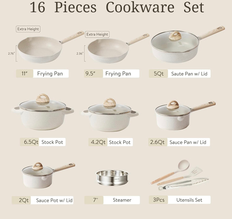 New CAROTE 16pcs Pots and Pans Set, Nonstick Cookware Sets