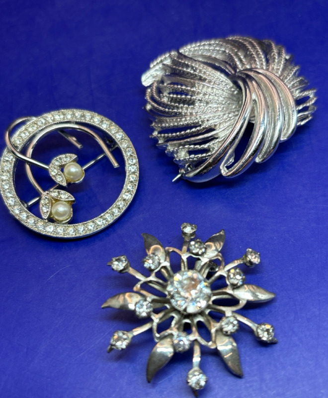 3 Vintage Brooches Cordelia Rhinestone and Spray