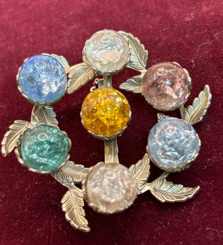 Vintage 6 Claw Set Crackle Glass Brooch