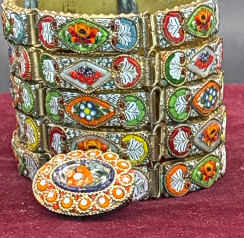 Brooch + Amazing Italian 5 Panel Wide Micro Mosaic Bracelet AS IS