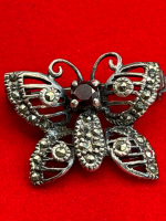 Sterling 925 Marcasite Garnet Butterfly Pin