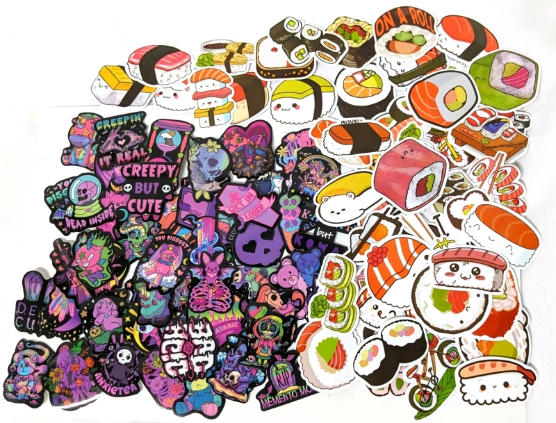 100 New Stickers : 50 Dark Cute & Gothic+Themed + 50 Sushi-Themed