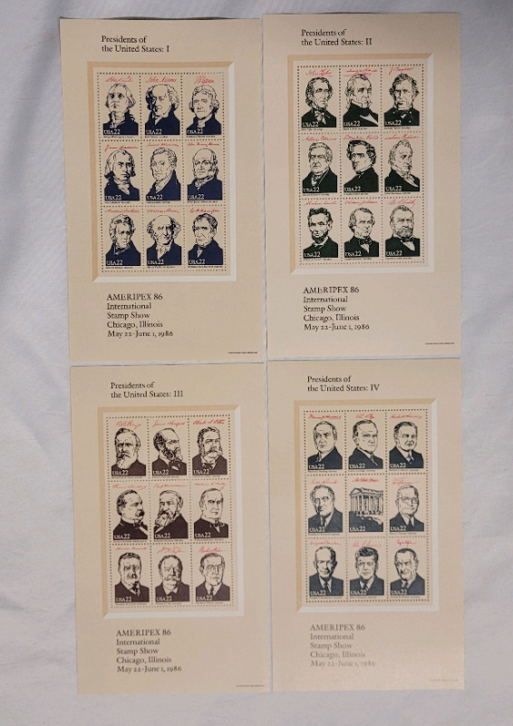 AMERIPEX '86 Presidents of the United States 22 Cent Stamp Set #I - #IV