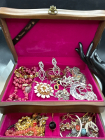 Vintage Wood Jewellery Box with Contents