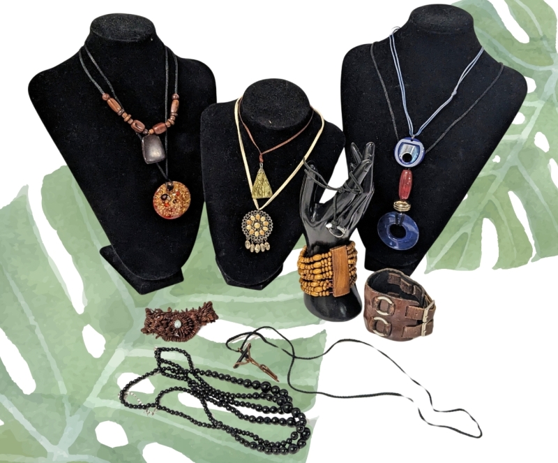 Neat & Natural-Adjacent Necklaces & Bracelets: Wood, Art Glass, Leather & Nifty Abstract Copper Crucifix