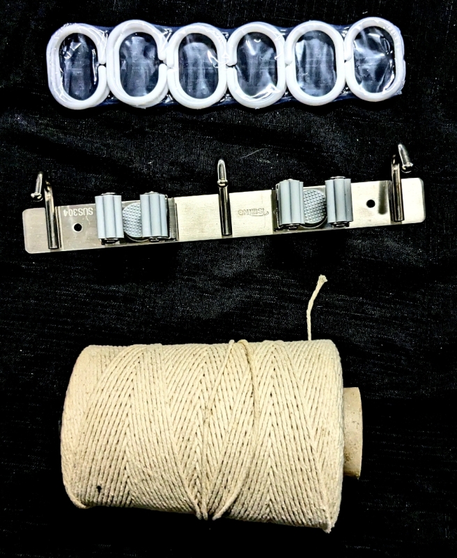 10.4" Long TSMINO SUS304 Wall Hook/Broom & Mop Holder, 6.5" Tall Spool of Thick Utility String & 12 New Plastic Shower Hooks