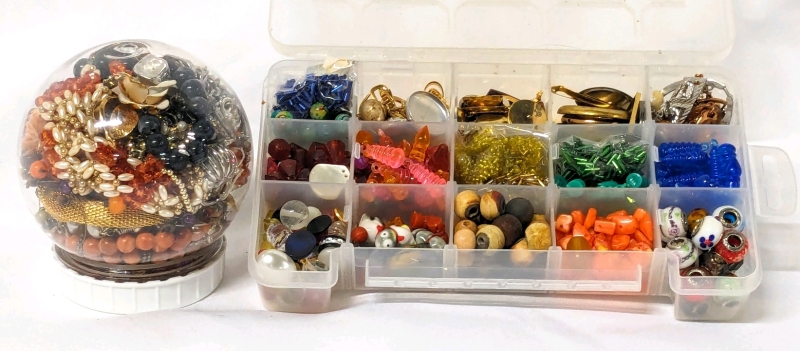 Assortment of Beads & Jewelry Findings in Organizer Box & Unsorted Jewelry in Clear DIY Snow Globe