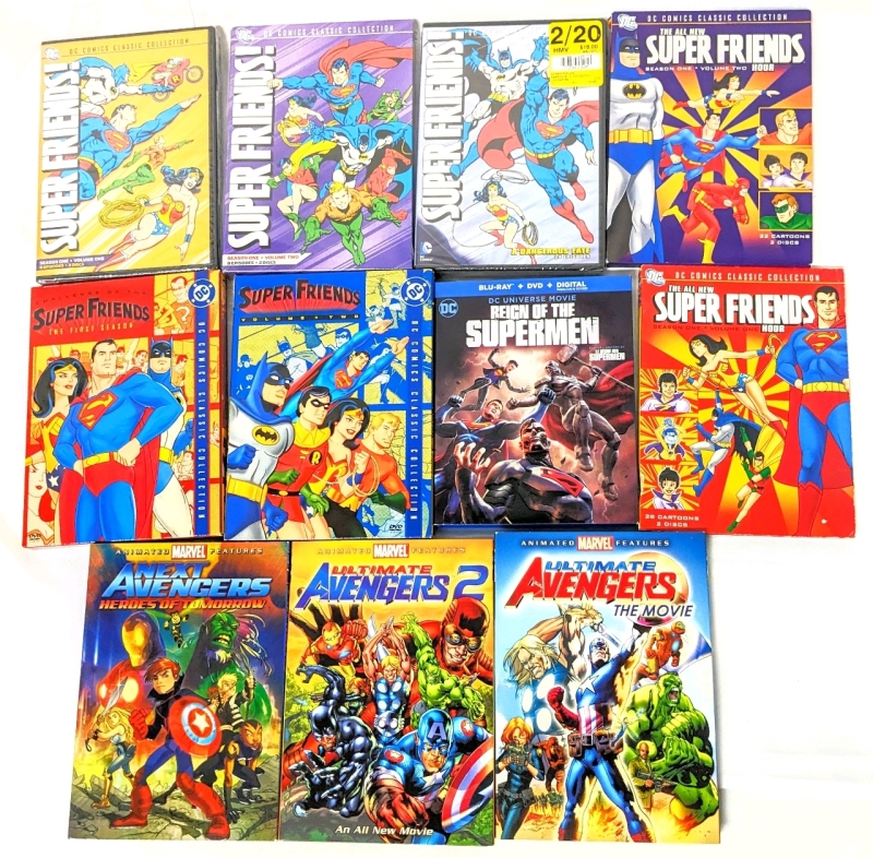 Assorted DC Comics Super Friends & Marvel Avengers Animated DVDs & Blu-Rays (Some Sealed)