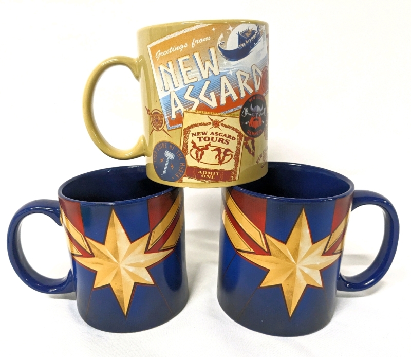 3 New MARVEL 20oz Ceramic Coffee Mugs: Captain Marvel & Thor: Love and Thunder Greetings from New Asgard Tourism