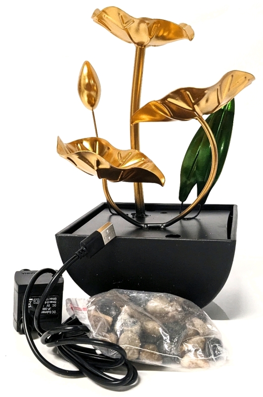 Fantastic Metallic Tabletop Water Fountain 9.25" Tall w Smoothed Stones