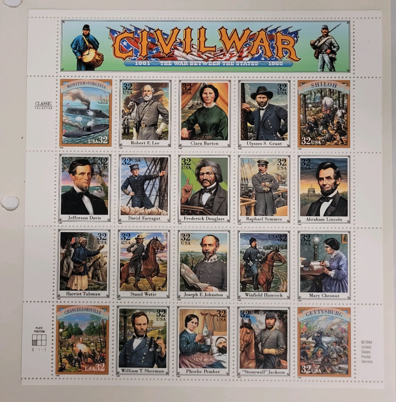 1994 US Postal ' Civil War 1861 - 1865 The War Between the States ' Stamp Sheet , 32 Cent Stamps