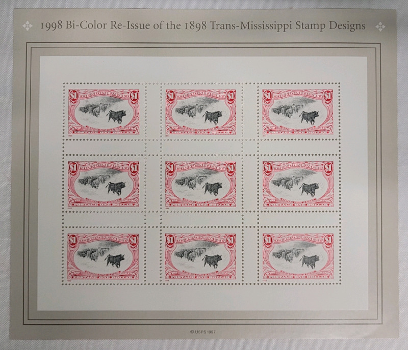 1998 US Postal ' Bi-Color Re-Issue of the 1898 Trans-Mississippi Stamp Designs .