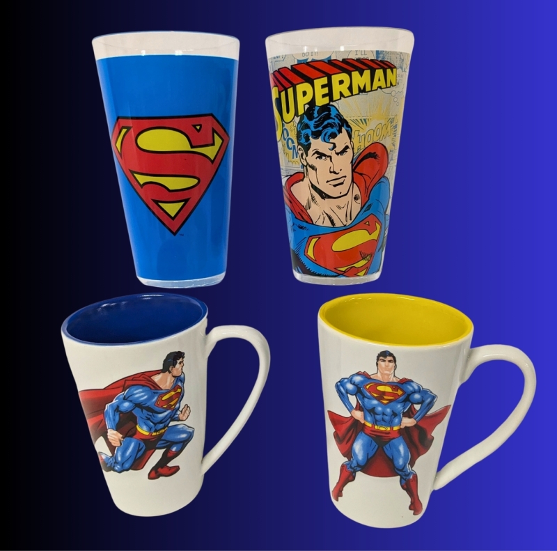 2 New SUPERMAN 5.75" Tall Ceramic Mugs & 2 New 6.5" Tall Plastic SUPERMAN Tumblers