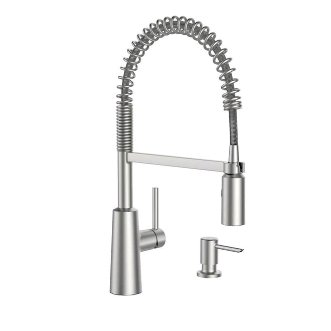 New Moen One Handle Pre-Rinse Spring Pulldown Kitchen Faucet with Soap Dispenser - Box has Water Damage